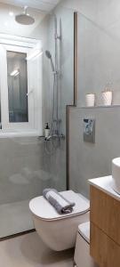 a bathroom with a shower and a toilet and a sink at Avista apartments in Lygia