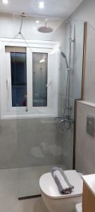 a bathroom with a shower and a toilet and a window at Avista apartments in Lygia