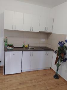 een keuken met witte kasten en een wastafel bij Apartman ELIT in Veliko Gradište