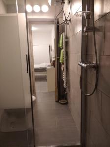 uma casa de banho com um chuveiro e uma porta de vidro em Anna's Home * em Campione dʼItalia