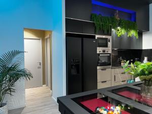 a kitchen with a black refrigerator and some plants at Chambre Terra Cota in Cayenne