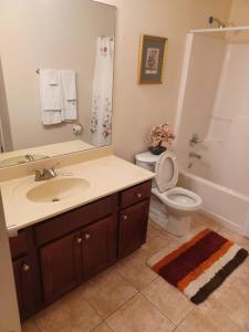 a bathroom with a sink and a toilet and a shower at Luxury Suite in Austell
