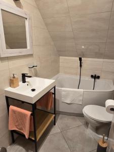 a bathroom with a sink and a tub and a toilet at Dwór Bysina in Myślenice