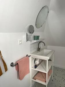 y baño con lavabo y espejo. en Charmant T4 entièrement rénové ! en Lannion