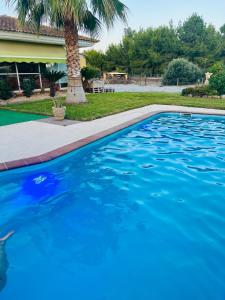 a swimming pool with blue water in front of a house at Chalet La Calma en Lorca in Lorca