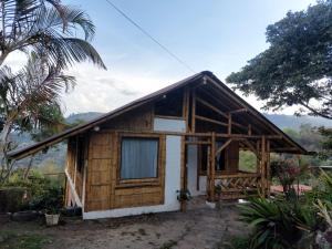 a small wooden house with a palm tree at La Tebaida Posada Rural in Ubaque