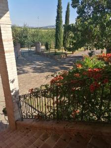 a gate to a garden with red flowers at CASALE ANTONELLA in Bastia Umbra