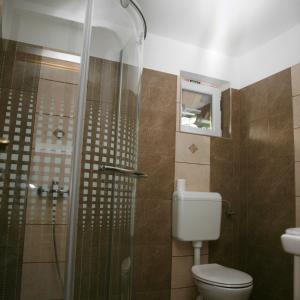 a bathroom with a toilet and a glass shower at Biró Vendégház in Sármellék