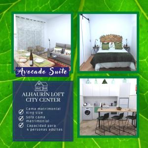 un collage de quatre photos d'une pièce dans l'établissement Avocado Suite by Alhaurín Loft City Center, à Alhaurín de la Torre