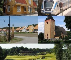 un collage de fotos de una casa y un tren en Vila Ösmo, en Ösmo