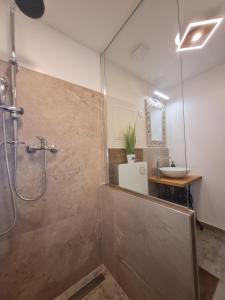 ein Bad mit einer Dusche und einem Waschbecken in der Unterkunft Csever Apartman in Tata