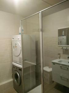 La salle de bains est pourvue d'un lave-linge et d'un lavabo. dans l'établissement Havre de paix : appartement de standing, à Valenciennes