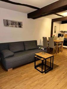 a living room with a couch and a table at PrimeBnb Bad Hersfeld in Bad Hersfeld