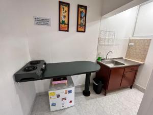 a small kitchen with a counter and a sink at Apartaestudio Cerca al Parque Lago in Pereira