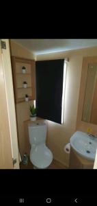 a bathroom with a toilet and a sink at Sandy Toes Hoburne Devon Bay Holiday Park. in Paignton