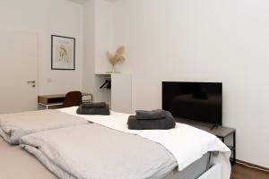 Duas camas num quarto com uma televisão de ecrã plano em City Apartment am Zoo & Stadtkern em Leipzig