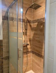 La salle de bains est pourvue d'une douche avec une porte en verre. dans l'établissement Appartement mitoyen avec terrasse, à Auterive