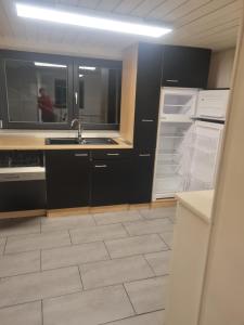 eine Küche mit einer Spüle und einem offenen Kühlschrank in der Unterkunft Zimmer zu vermieten in Gundelsheim