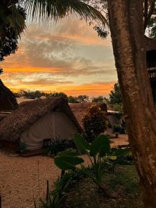 a tent with a sunset in the background at El Búho Glamping Bacalar in Bacalar