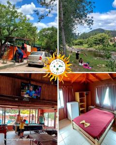 a collage of three pictures of a house with a clock at La Ribera Hotel Dormis Camping in Villa Carlos Paz