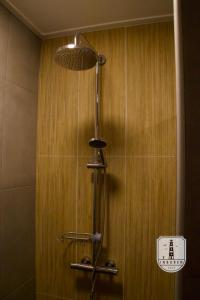 a shower in a bathroom with a wooden wall at InBuren in Buren