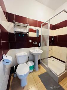łazienka z toaletą i umywalką w obiekcie Wakacyjna Wioska w mieście Ustronie Morskie