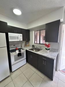 a kitchen with black cabinets and a white appliance at Apartment in Hollywood close to shops and beach in Hollywood