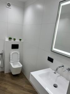 La salle de bains blanche est pourvue de toilettes et d'un lavabo. dans l'établissement Люкс апартаменты РАЙОН АВТОВОКЗАЛА,в ЖКАрена, ПОБЛИЗУ ОБЛАСНОІ ЛІКАРНІ, à Rivne