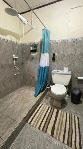 uma casa de banho com um chuveiro, um WC e uma cortina de chuveiro. em Cuarto Cerca del Aeropuerto em Santa Bárbaraa