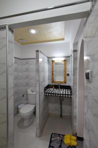 een badkamer met een toilet, een wastafel en een spiegel bij RIAD dreams dades in Tamellalt