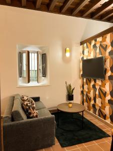 ein Wohnzimmer mit einem Sofa und einem TV an der Wand in der Unterkunft El Ladrón De Agua Palacete in Granada