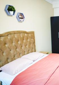 uma cama com uma cabeceira acolchoada num quarto em NOUVEAU Appartement Totalement neuf - très propre à coté du centre commercial MARJANE em Tânger