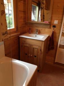 ein Badezimmer mit einer Badewanne, einem Waschbecken und einer Badewanne in der Unterkunft Chalet Mon Etoile - La Joue du Loup in Le Dévoluy