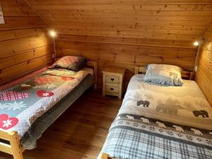 1 Schlafzimmer mit 2 Betten in einem Blockhaus in der Unterkunft Chalet Mon Etoile - La Joue du Loup in Le Dévoluy