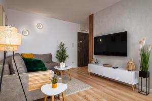 a living room with a couch and a flat screen tv at 9th Floor Wroclaw Business Apartment by Rentujemy in Wrocław