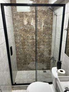 a bathroom with a glass shower with a toilet at Sezgin Deluxe Hotel in Istanbul