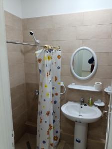 y baño con cortina de ducha y lavamanos. en IMMEUBLE BRINI en Kairouan