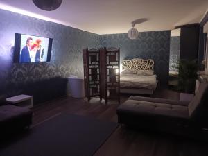 sala de estar con sofá y TV en la pared en The Cottage en Murska Sobota