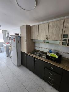 La cuisine est équipée d'un évier et d'un réfrigérateur. dans l'établissement Acogedor Apartamento Completo 2 Recamaras 2 Baños., à Panama City