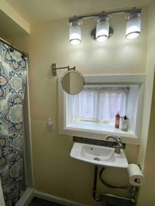 a bathroom with a sink and a mirror and a window at Zootown Bungalow in Missoula