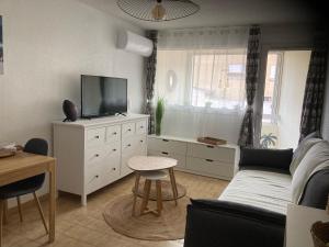 un salon avec un canapé et une télévision dans l'établissement Studio Cabine Piscine-Clim-Parking-Plage200m, à Valras-Plage