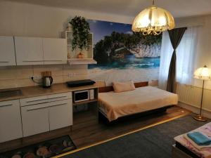 1 dormitorio con 1 cama y cocina con una pintura en Penzion JURA, en Chřibská