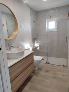 uma casa de banho com um lavatório, um WC e um espelho. em Villa Memé Playa em Málaga