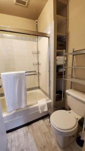 e bagno con doccia, servizi igienici e doccia. di Cozy Cottages across from the Food Trucks of Aloha mall ad Aloha Altre 54 foto