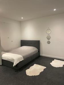 1 dormitorio con 1 cama y 2 alfombras en el suelo en Studio ensoleillé sur Montpellier en Montpellier