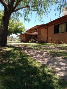 a building with a tree in front of it at INTI MAYU Cabañas in Mina Clavero