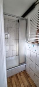 y baño con ducha y puerta de cristal. en Monterwohnungen Santos-Lerch, en Viersen