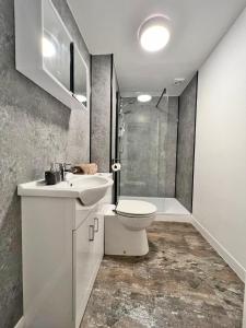 a bathroom with a toilet and a sink and a shower at Town Centre Apartment, 4 Beds, 1 Bathroom in Cheltenham