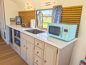 een keuken met een wastafel en een magnetron op een aanrecht bij Vinyl Campground in Paso Robles