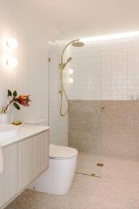 a bathroom with a toilet and a sink and a shower at Good Soul Cottage in Invermay